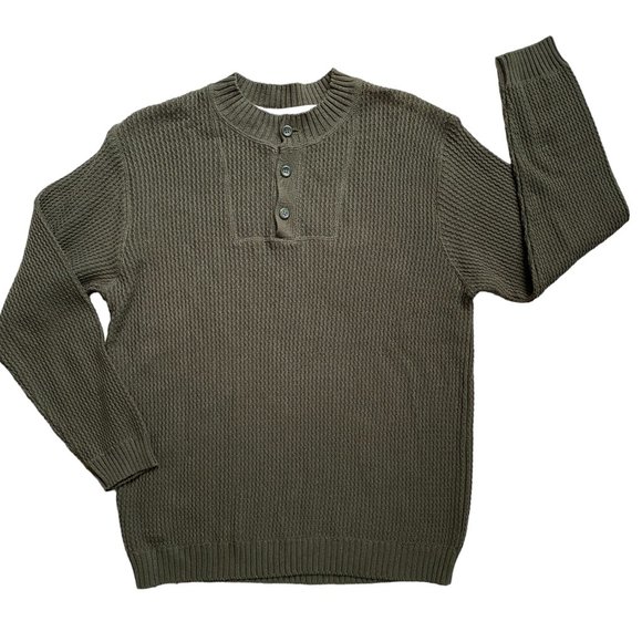 R&R Outdoors Henley Thermal Knit Sweater Olive Green Gorpcore Outdoor Rugged-M - Picture 1 of 10